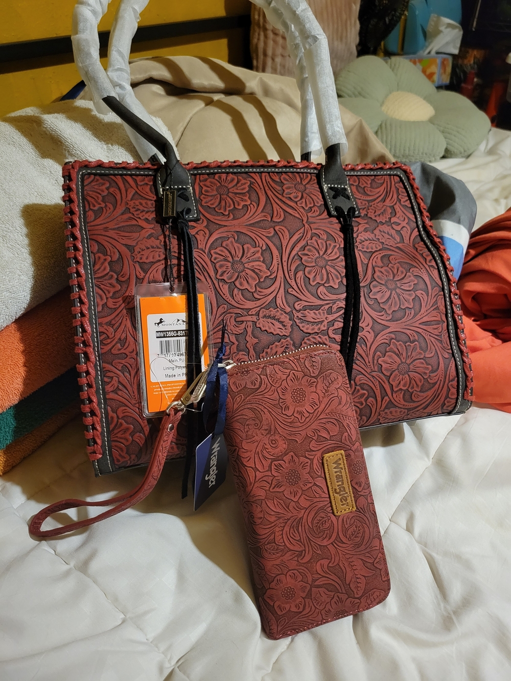 Wrangler Floral-Embossed Tote and Wristlet Set - Burgundy